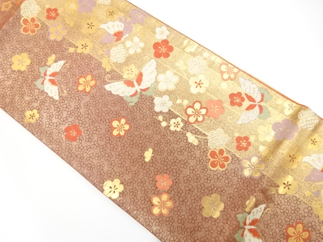 蝶に枝垂れ花模様織り出し　袋帯